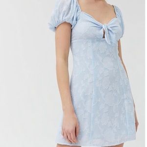 puff sleeve tie-front baby blue dress